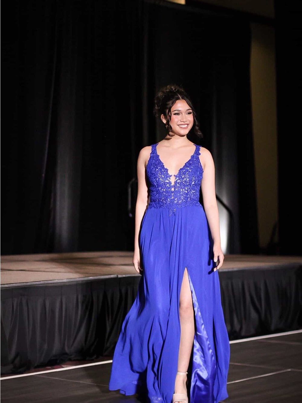 Faviana Royal Blue Prom/Pageant Gown with Lace Bodice & High Slit